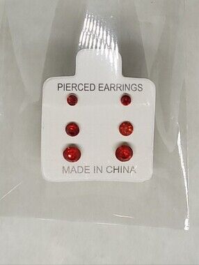$1 | Red | Multi‑Size 3‑Pair Rhinestone Stud Earring Set